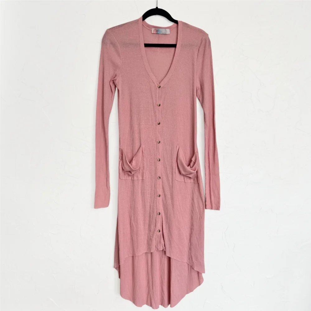 Free People Ribbed Lightweight Button Up Pink Dusted Sweater, L - Picture 2 of 11